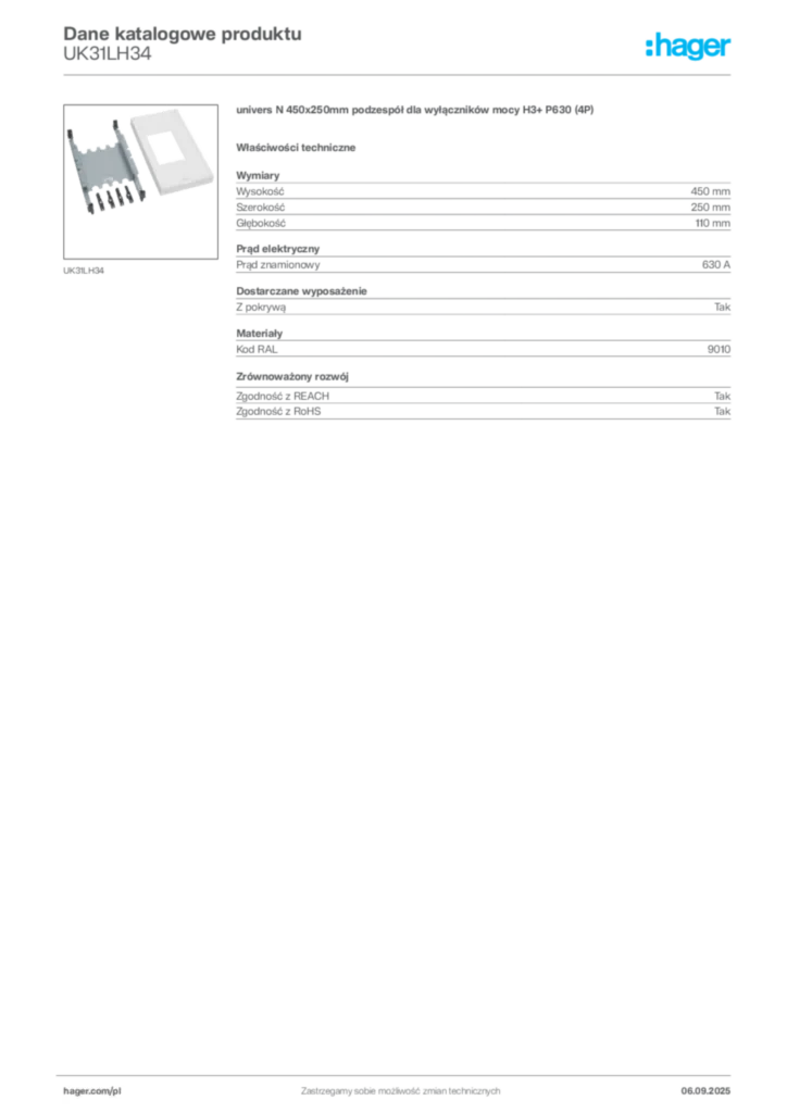 Zdjęcie Hager Dane katalogowe produktu UK31LH34 | Hager Polska
