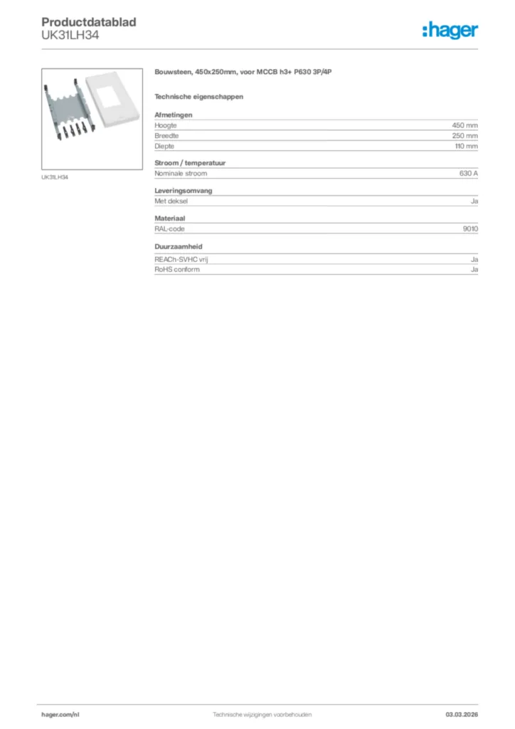 Afbeelding Hager Productdatablad UK31LH34 | Hager Nederland