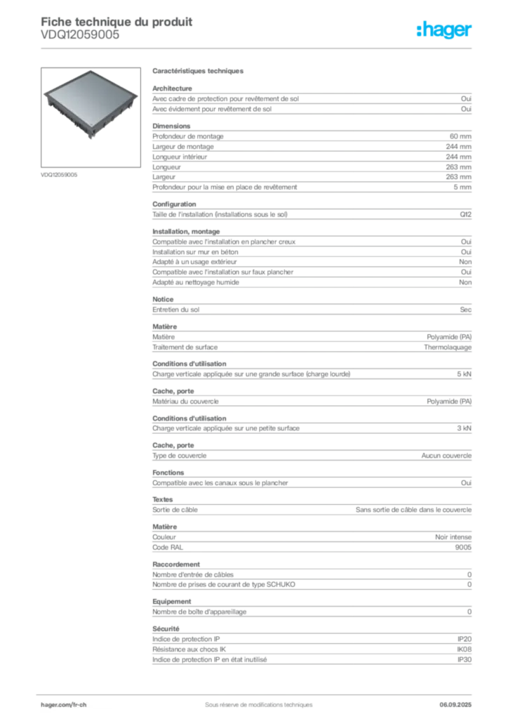 Image Hager Fiche technique du produit VDQ12059005 | Hager Suisse