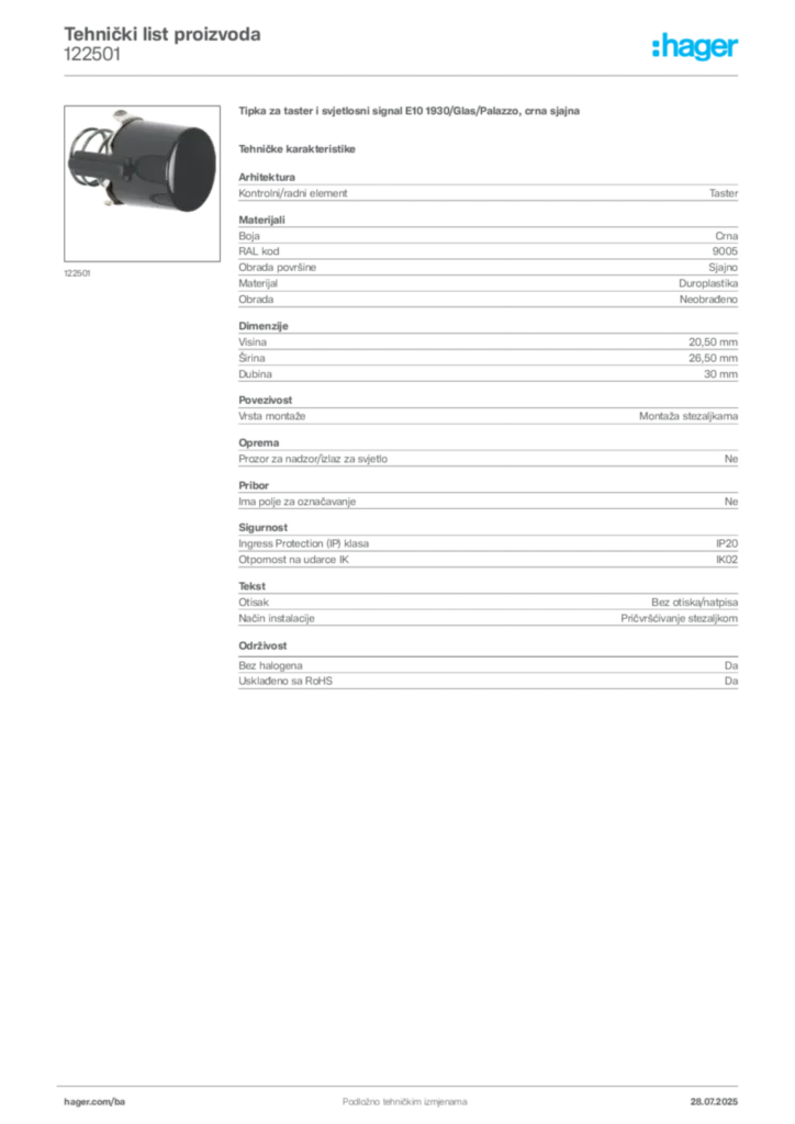 Slika Hager Product data sheet 122501  | Hager