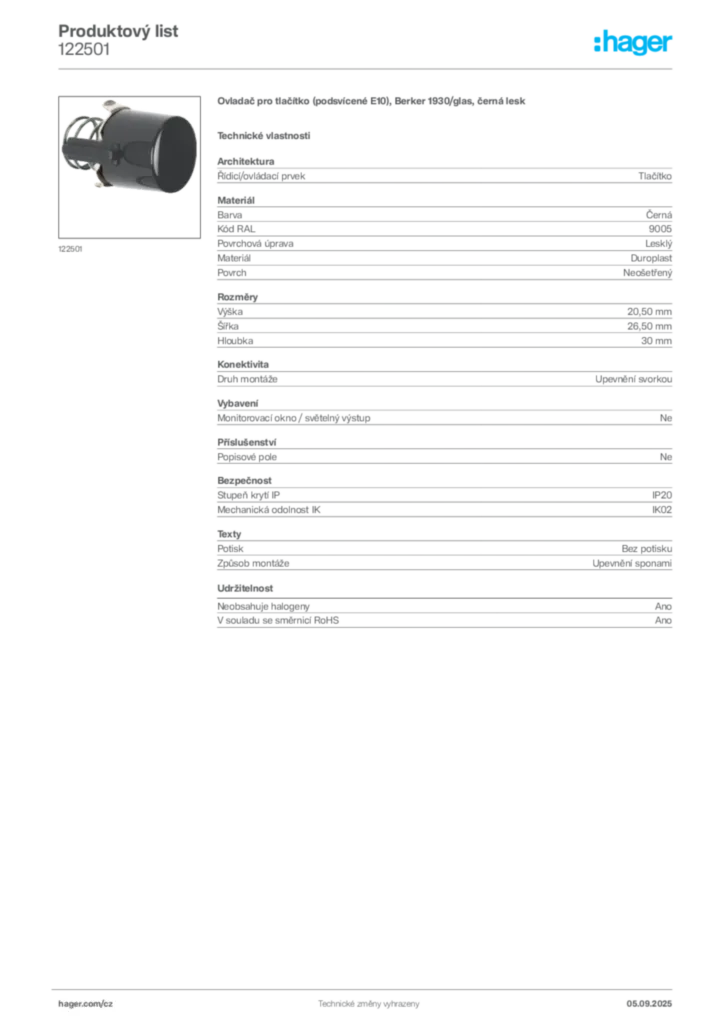 Obrázek Hager Produktový list 122501 | Hager
