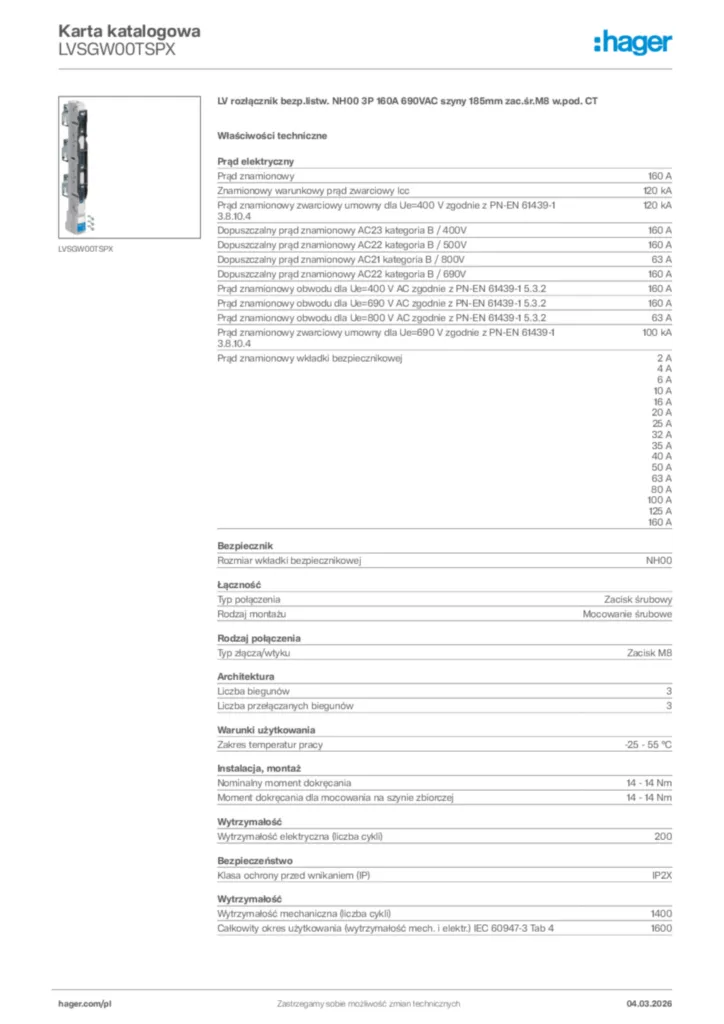 Zdjęcie Hager Karta katalogowa LVSGW00TSPX | Hager Polska