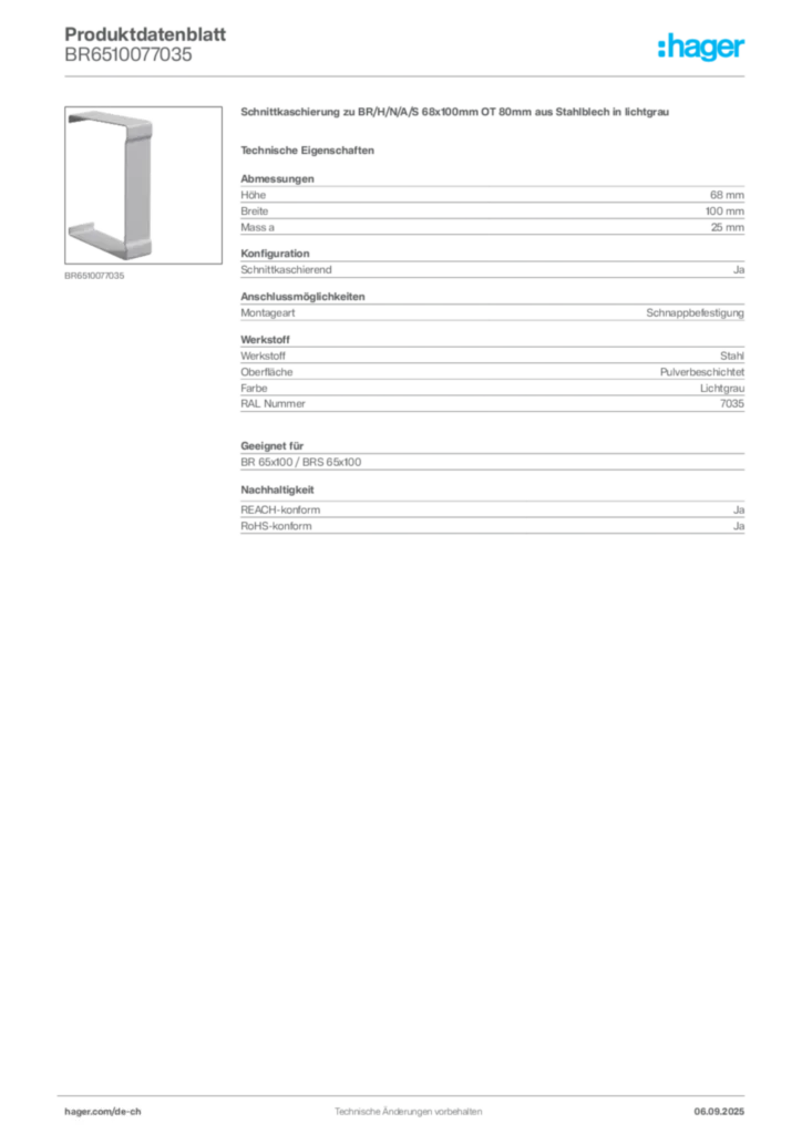 Bild Hager Produktdatenblatt BR6510077035 | Hager Schweiz