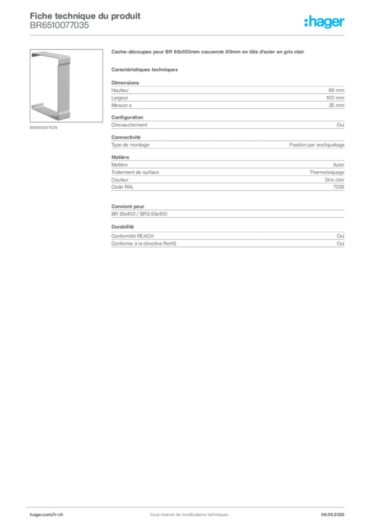 Image Hager Fiche technique du produit BR6510077035 | Hager Suisse