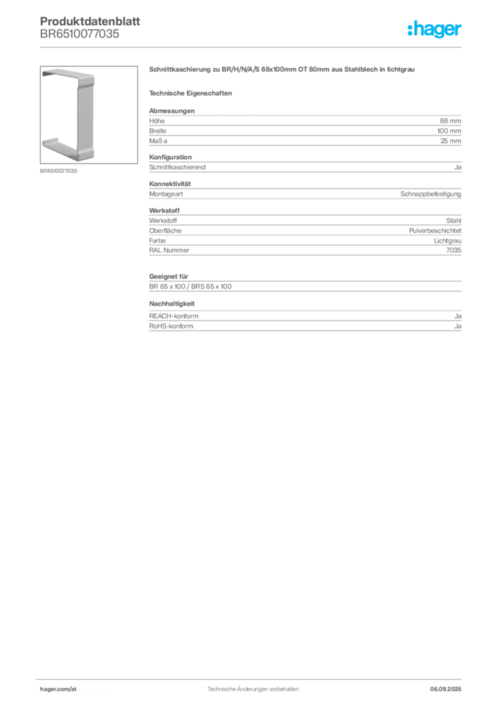 Bild Hager Produktdatenblatt BR6510077035 | Hager Deutschland
