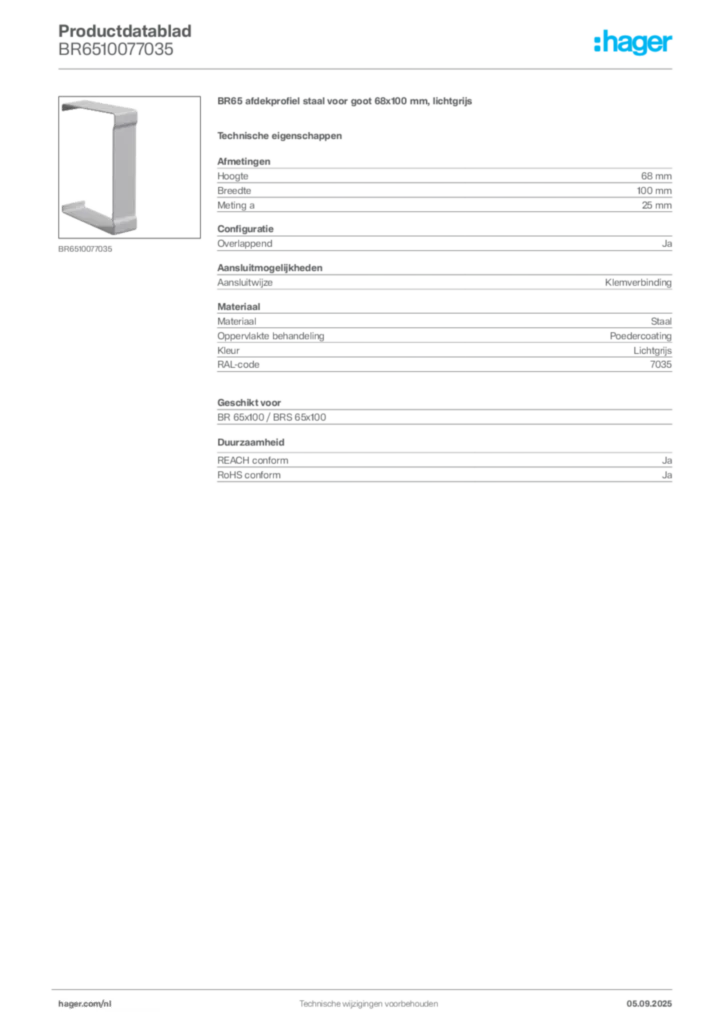 Afbeelding Hager Productdatablad BR6510077035 | Hager Nederland