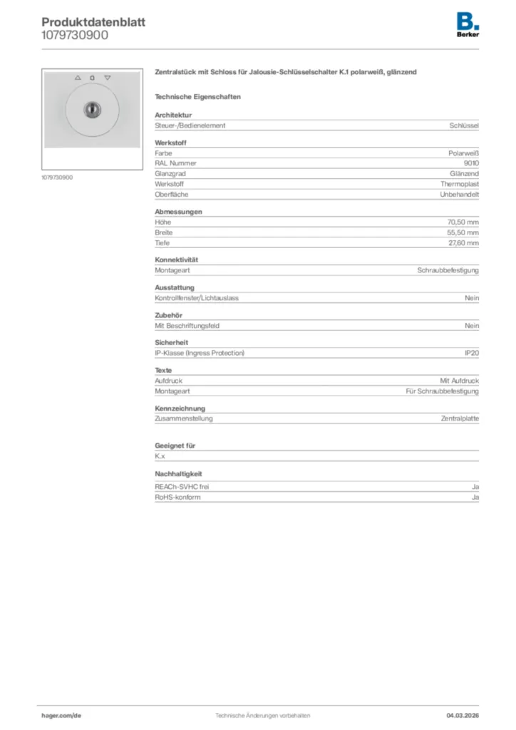 Bild Berker Produktdatenblatt 1079730900 | Hager Deutschland