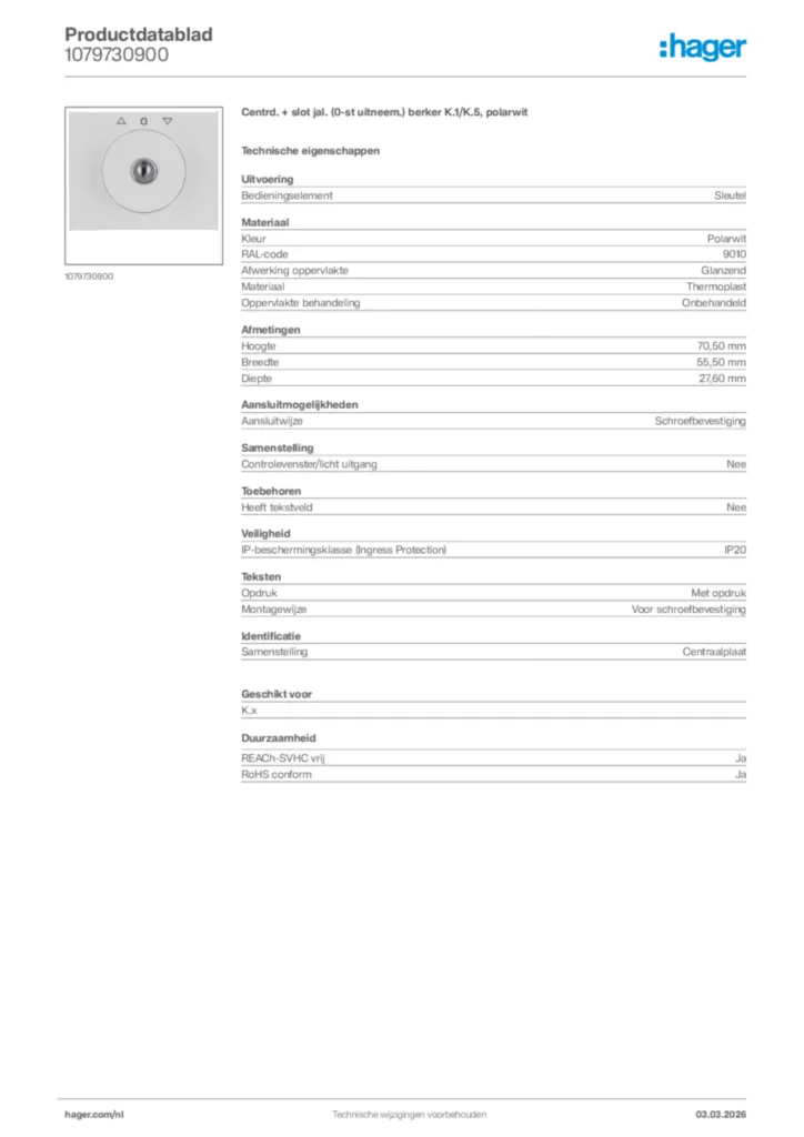 Afbeelding Hager Productdatablad 1079730900 | Hager Nederland