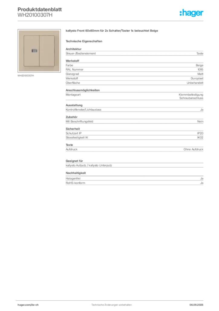 Bild Hager Produktdatenblatt WH20100307H | Hager Schweiz