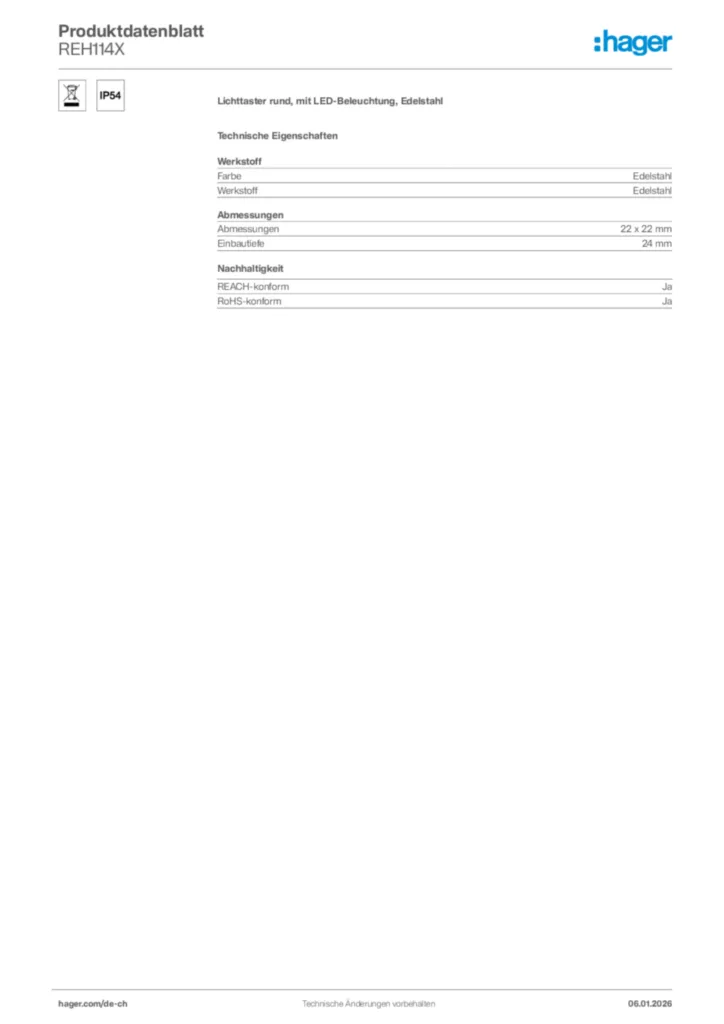 Bild Hager Produktdatenblatt REH114X | Hager Schweiz
