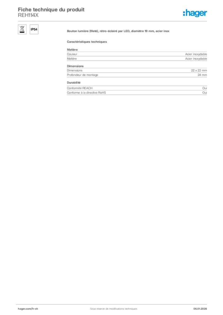 Image Hager Fiche technique du produit REH114X | Hager Suisse
