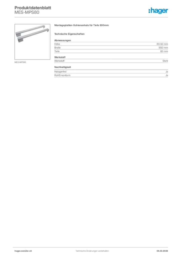 Bild Hager Produktdatenblatt MES-MPS80 | Hager Schweiz