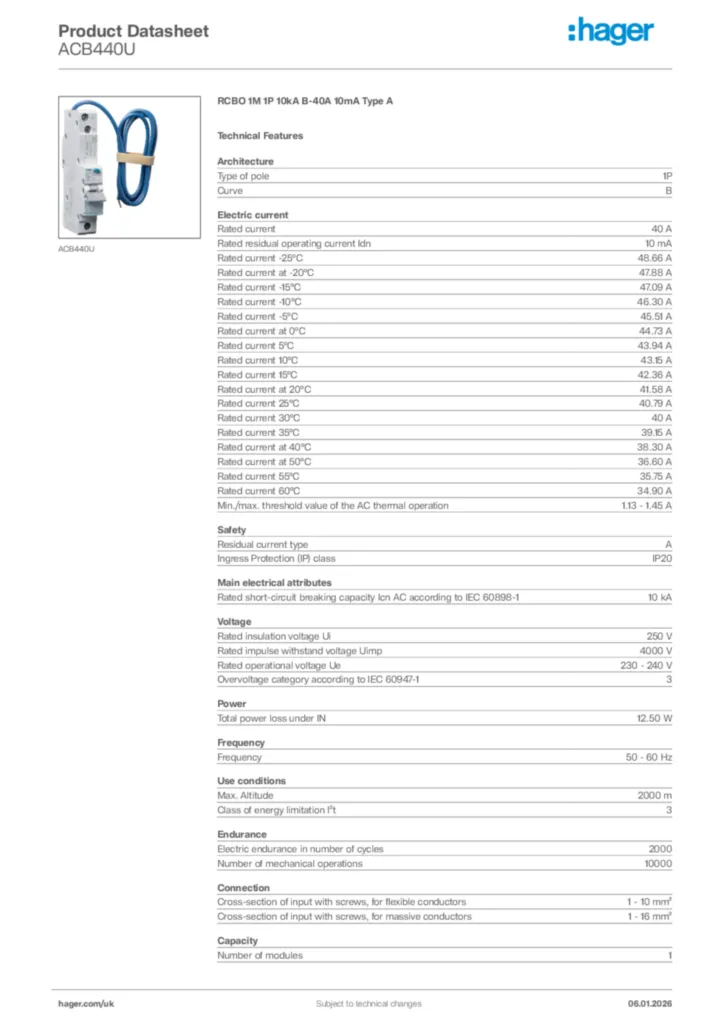 Image Hager Product data sheet ACB440U  | Hager