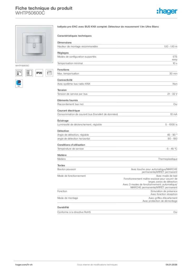 Image Hager Fiche technique du produit WHTP50600C | Hager Suisse
