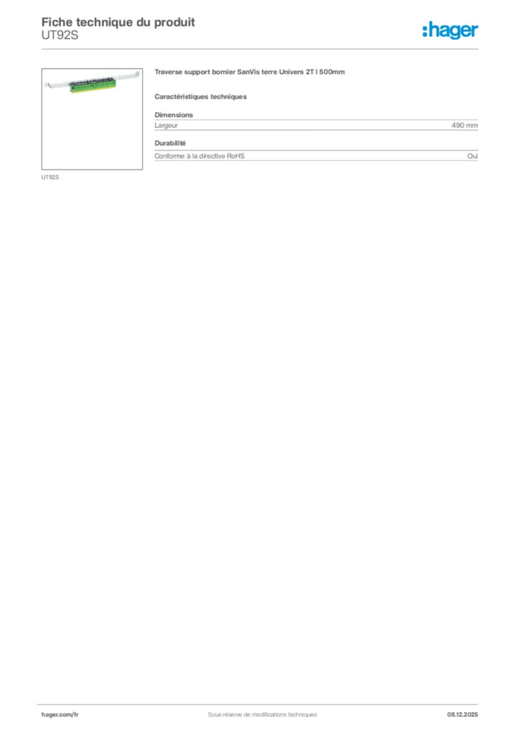 Image Hager Fiche technique du produit UT92S | Hager France