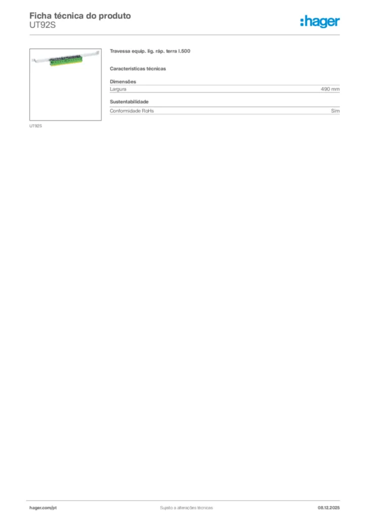 Imagem Hager Ficha técnica do produto UT92S | Hager Portugal