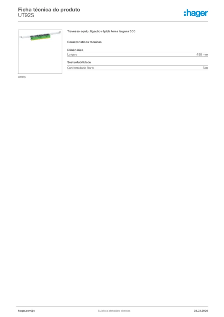 Imagem Hager Ficha técnica do produto UT92S | Hager Portugal