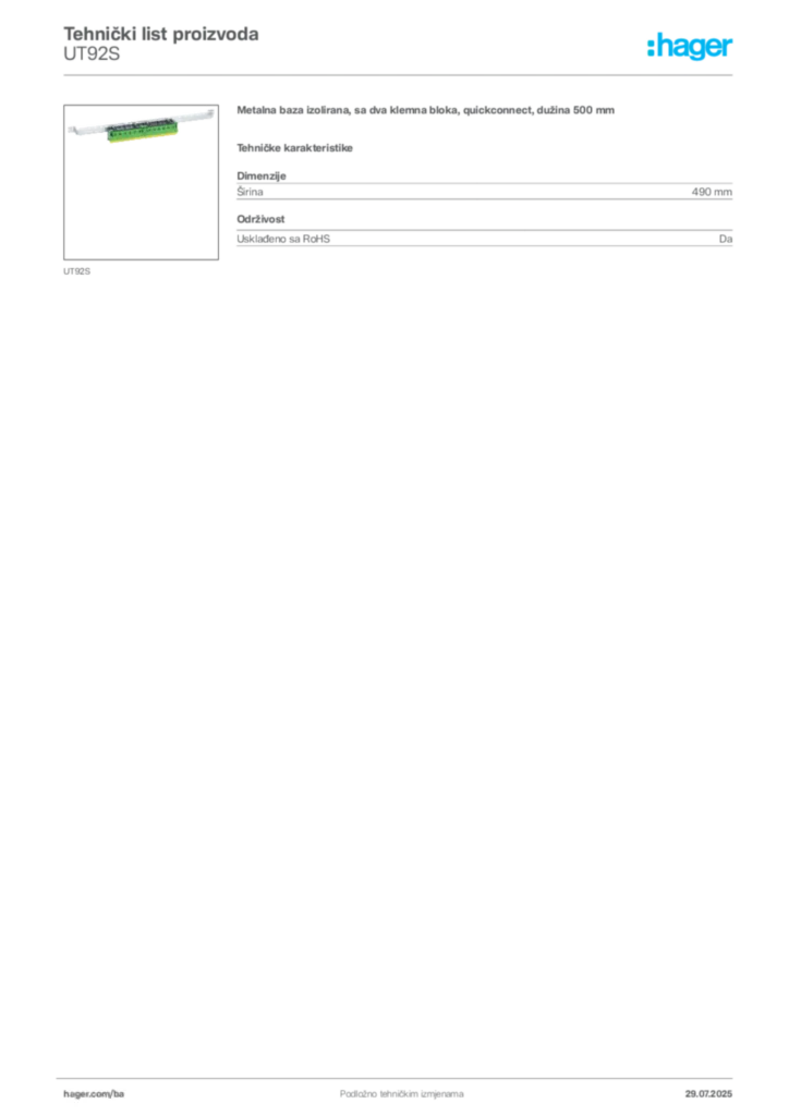 Slika Hager Product data sheet UT92S  | Hager