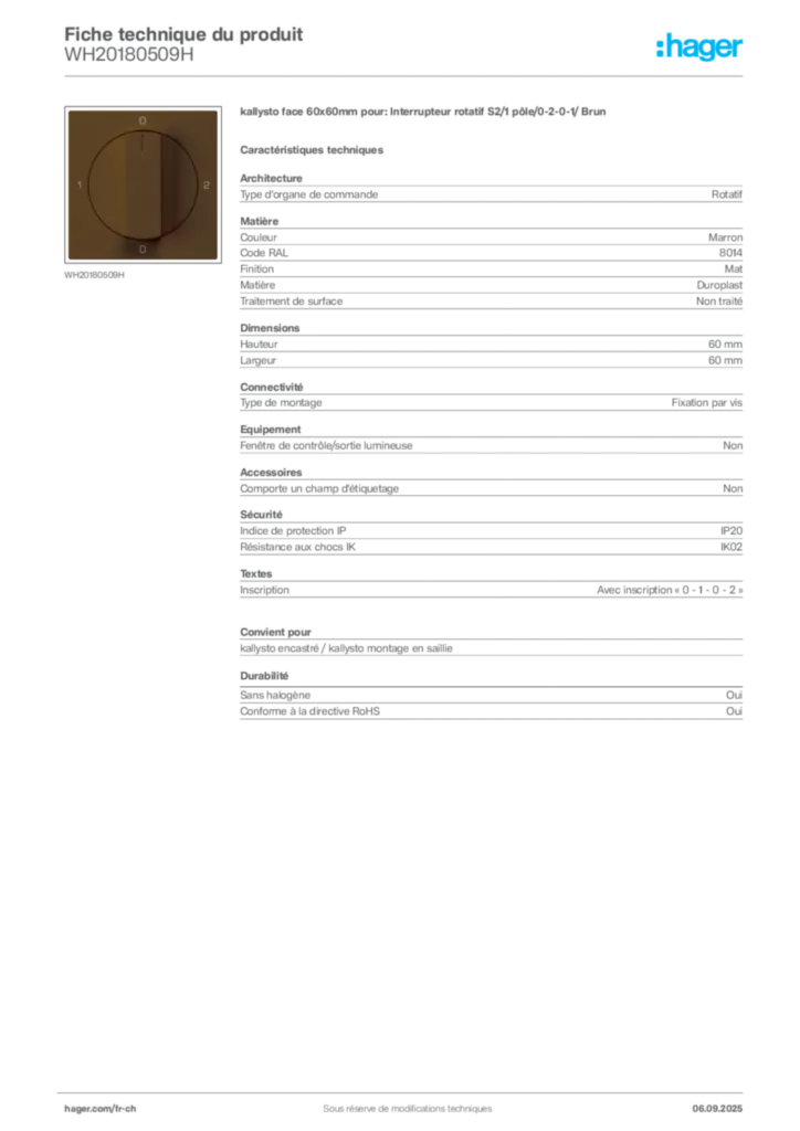 Image Hager Fiche technique du produit WH20180509H | Hager Suisse