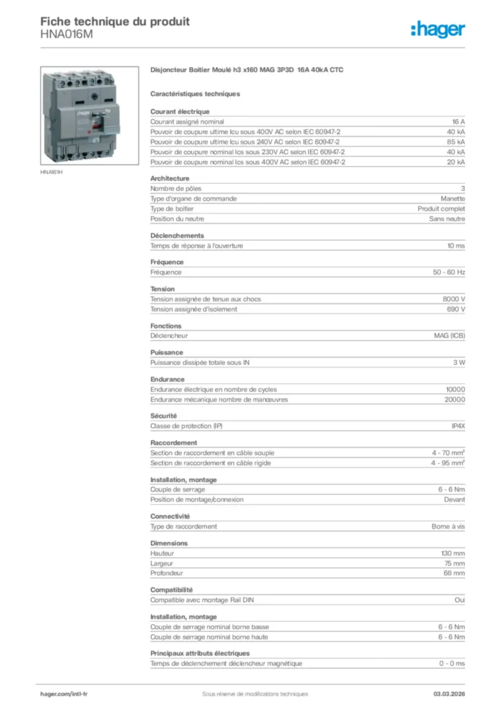Image Hager Fiche technique du produit HNA016M | Hager Afrique
