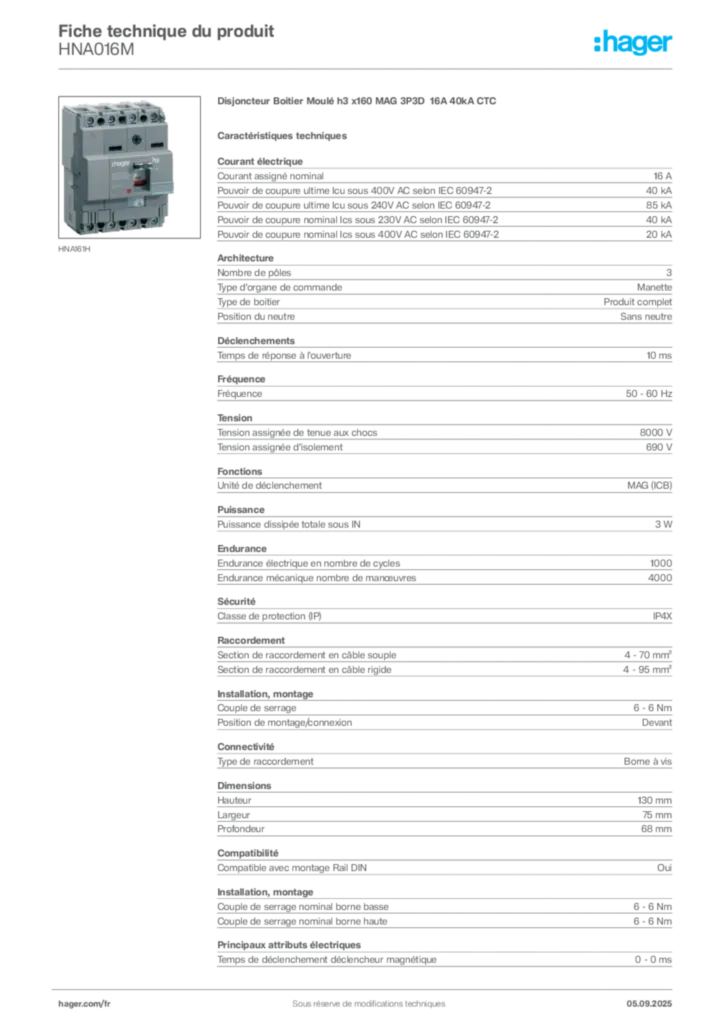 Image Hager Fiche technique du produit HNA016M | Hager France