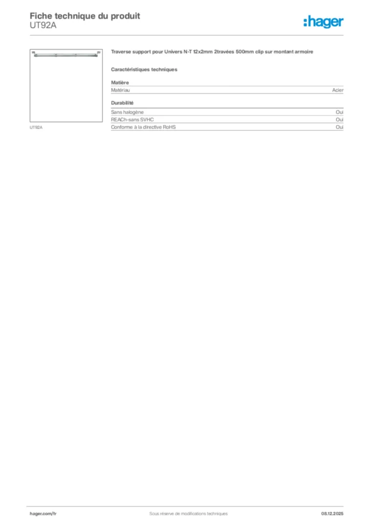 Image Hager Fiche technique du produit UT92A | Hager France