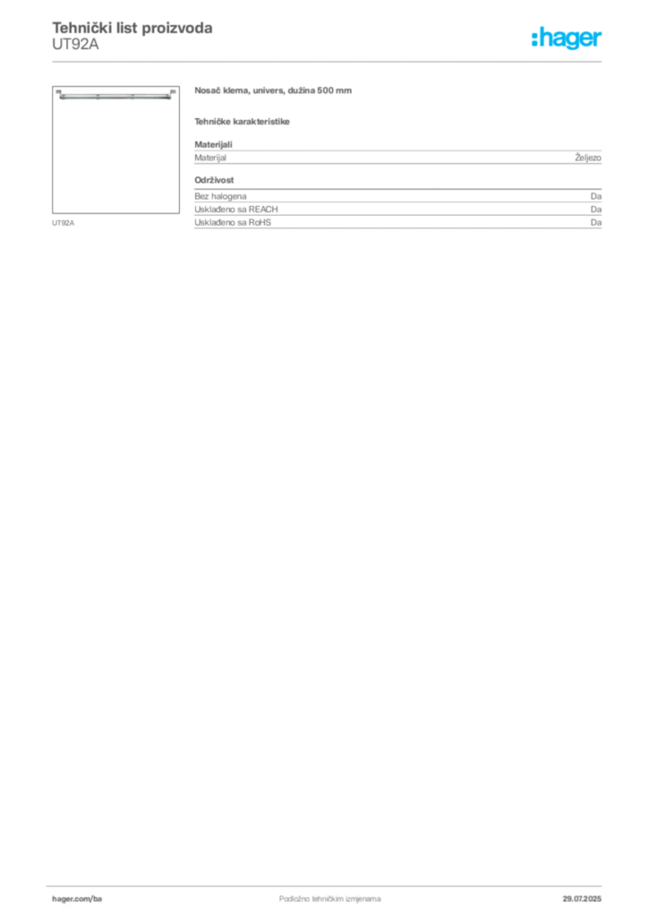 Slika Hager Product data sheet UT92A  | Hager