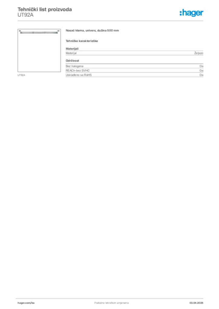 Slika Hager Tehnički list proizvoda UT92A  | Hager