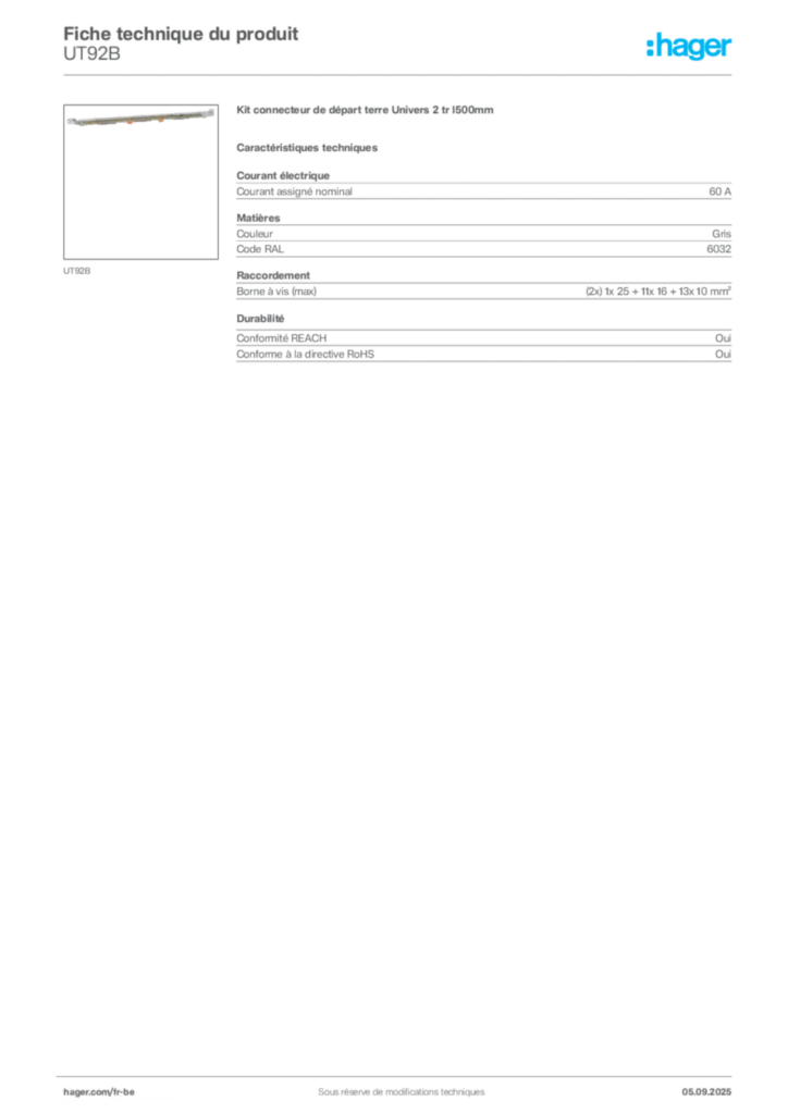 Image Hager Fiche technique du produit UT92B | Hager Belgique