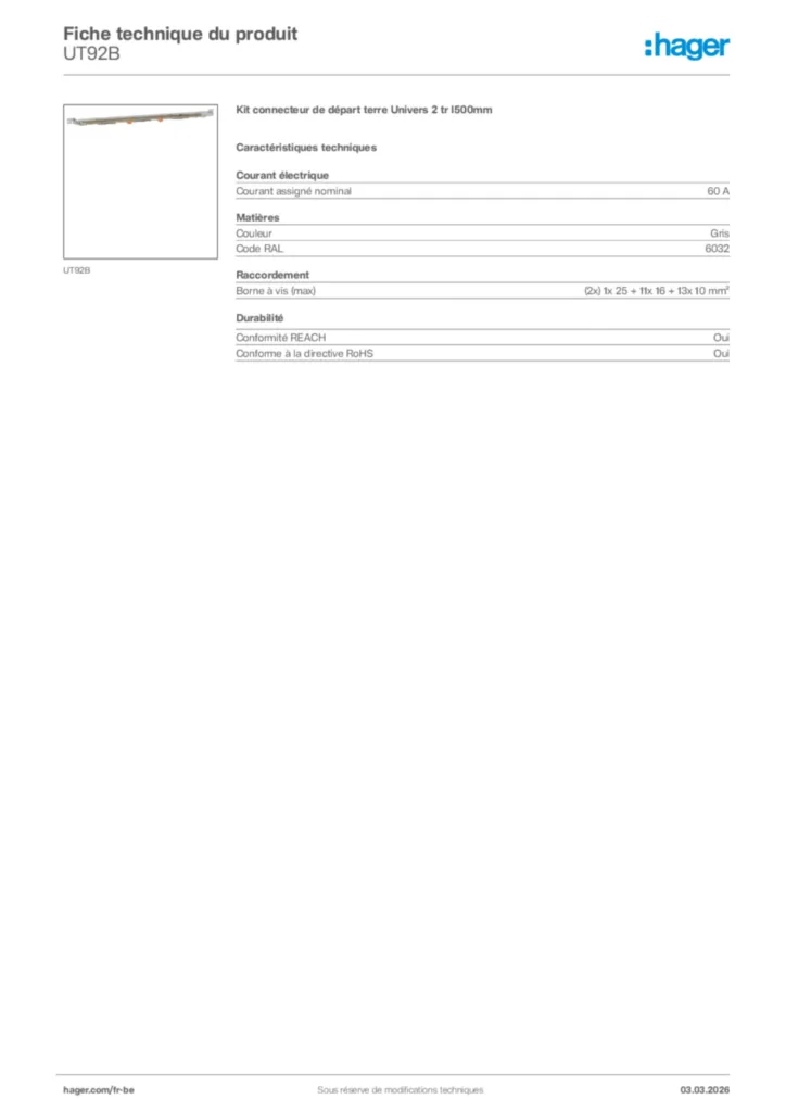 Image Hager Fiche technique du produit UT92B | Hager Belgique