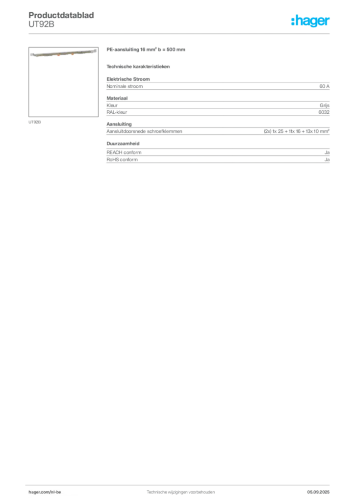 Afbeelding Hager Productdatablad UT92B | Hager Belgium