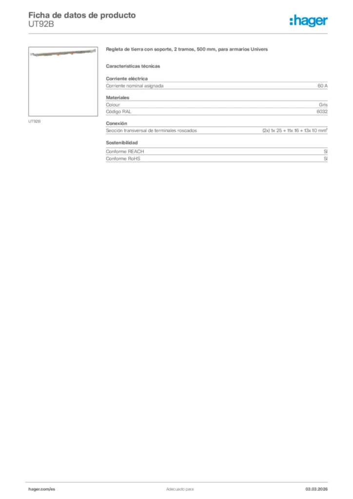 Imagen Hager Ficha de datos de producto UT92B | Hager España