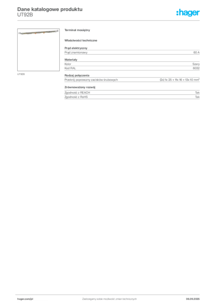 Zdjęcie Hager Dane katalogowe produktu UT92B | Hager Polska