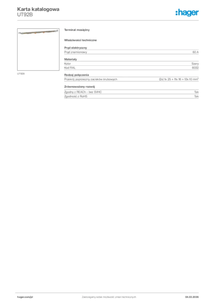 Zdjęcie Hager Karta katalogowa UT92B | Hager Polska