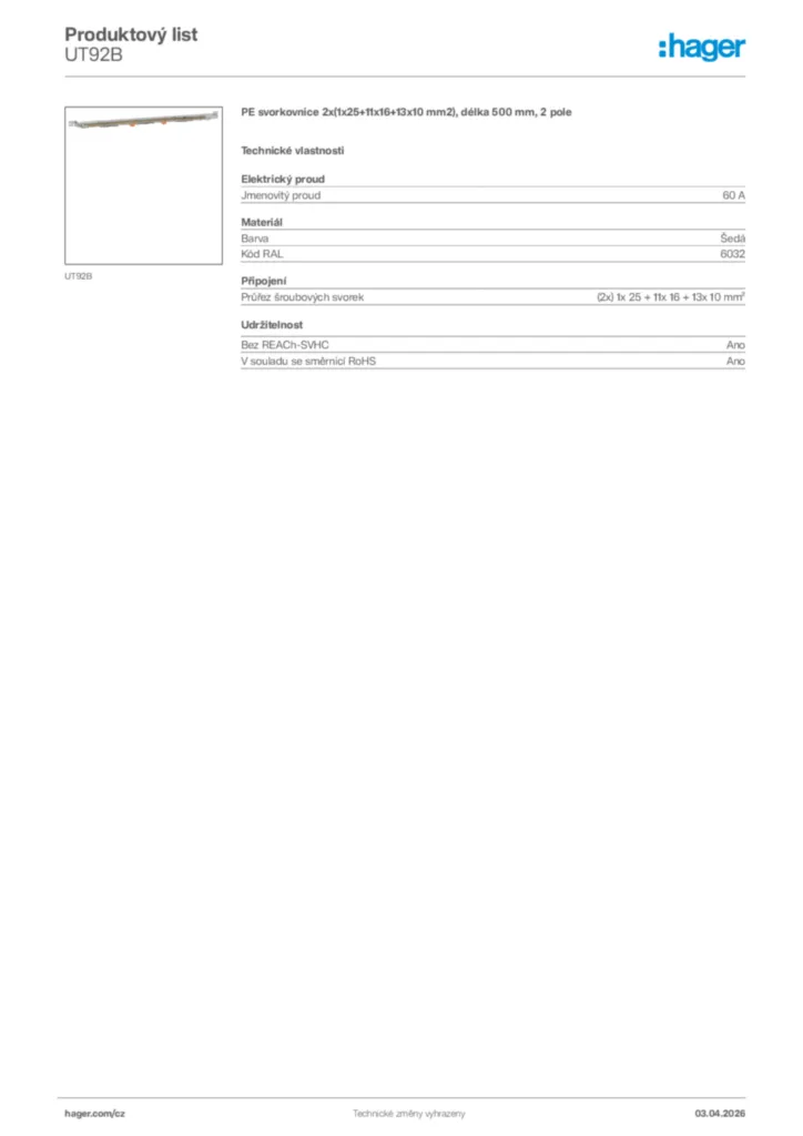 Obrázek Hager Product data sheet UT92B | Hager