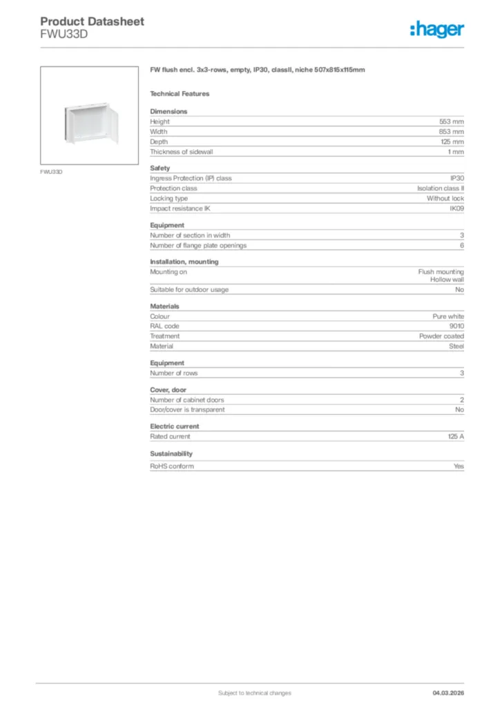 Image Hager Product data sheet FWU33D  | Hager Africa