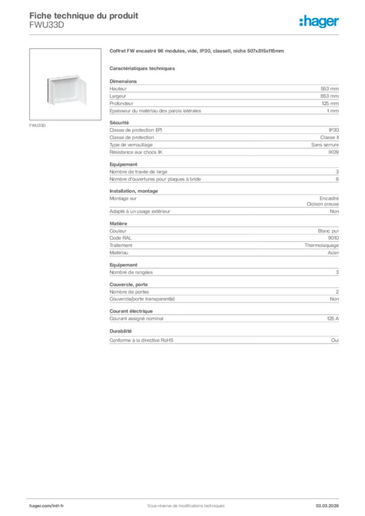 Image Hager Fiche technique du produit FWU33D | Hager Afrique