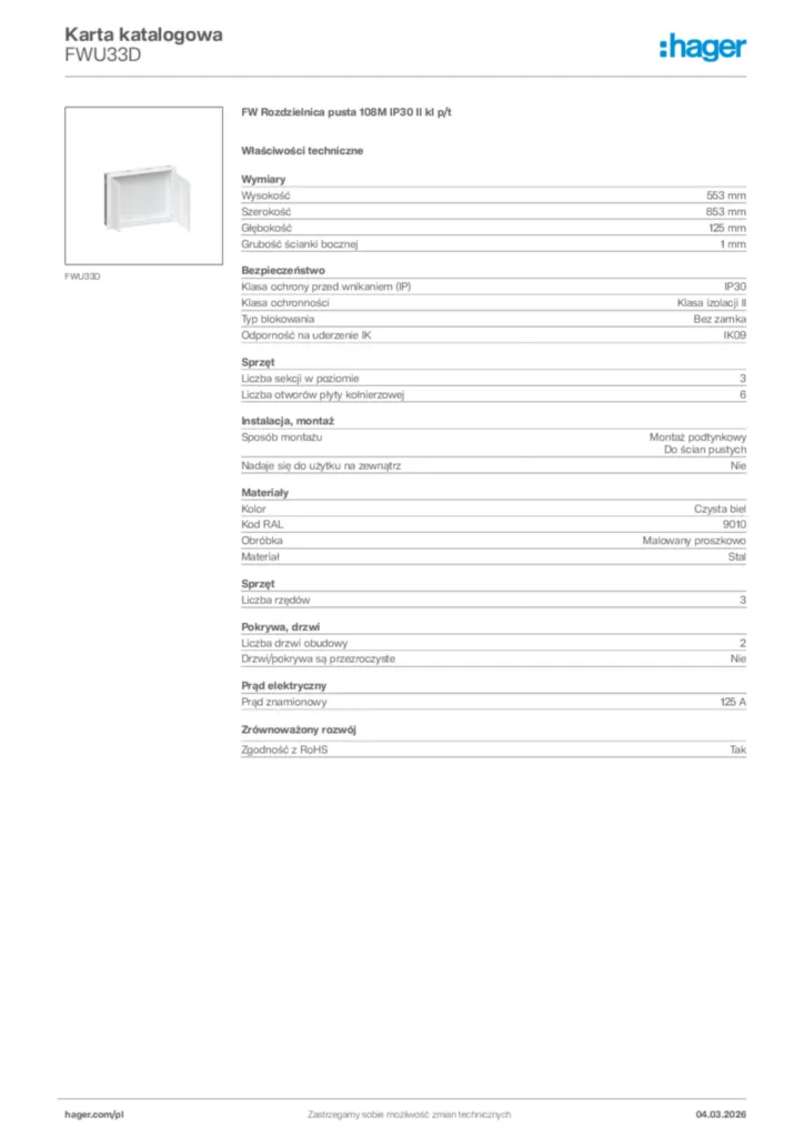 Zdjęcie Hager Karta katalogowa FWU33D | Hager Polska