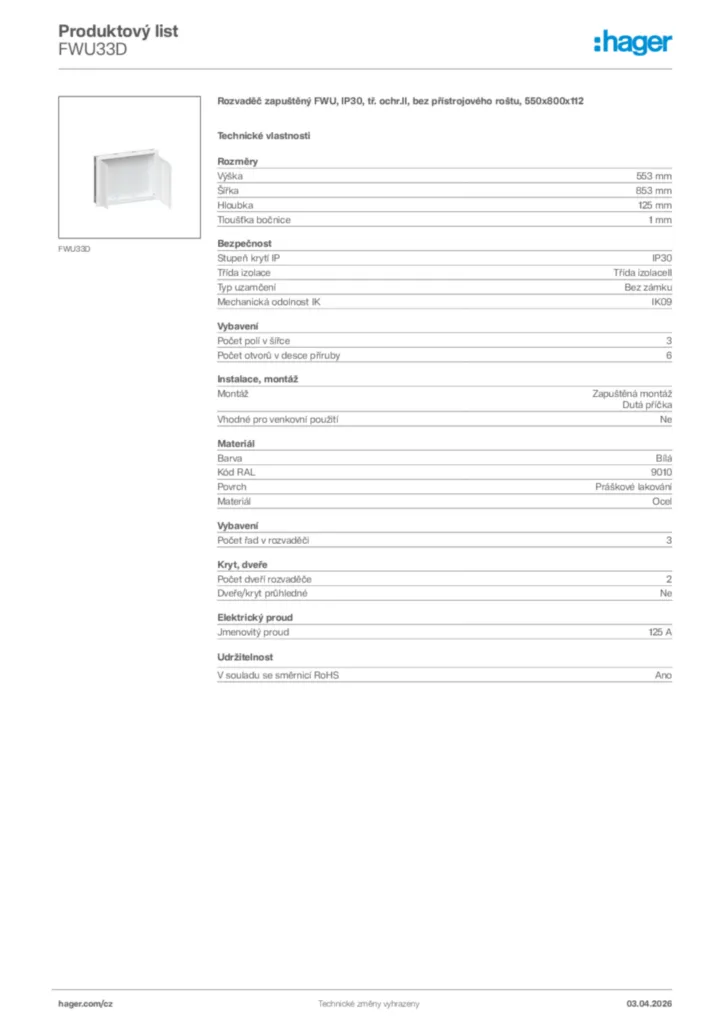 Obrázek Hager Product data sheet FWU33D | Hager