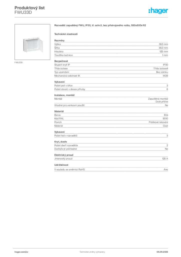 Obrázek Hager Produktový list FWU33D | Hager