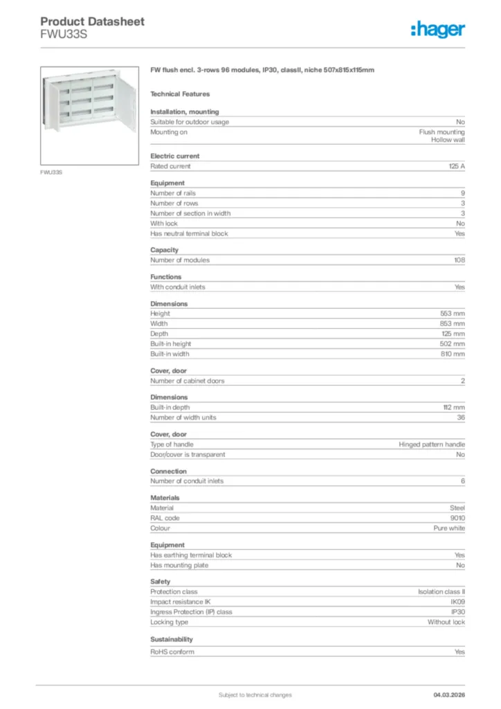 Image Hager Product data sheet FWU33S  | Hager Africa