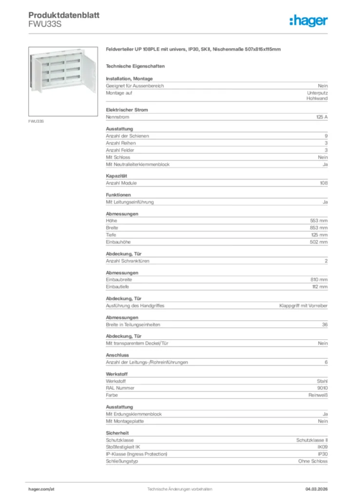 Bild Hager Produktdatenblatt FWU33S | Hager Deutschland