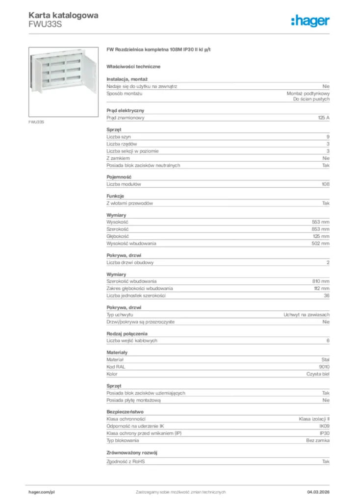 Zdjęcie Hager Karta katalogowa FWU33S | Hager Polska