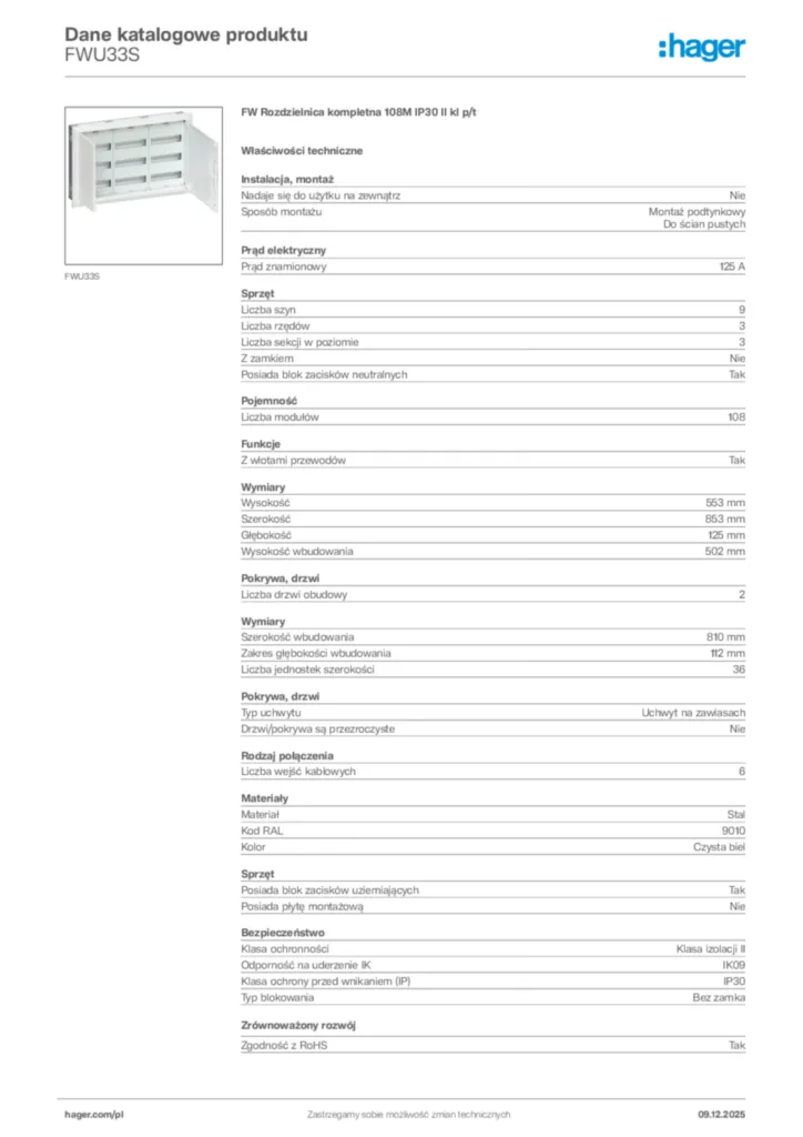 Zdjęcie Hager Dane katalogowe produktu FWU33S | Hager Polska