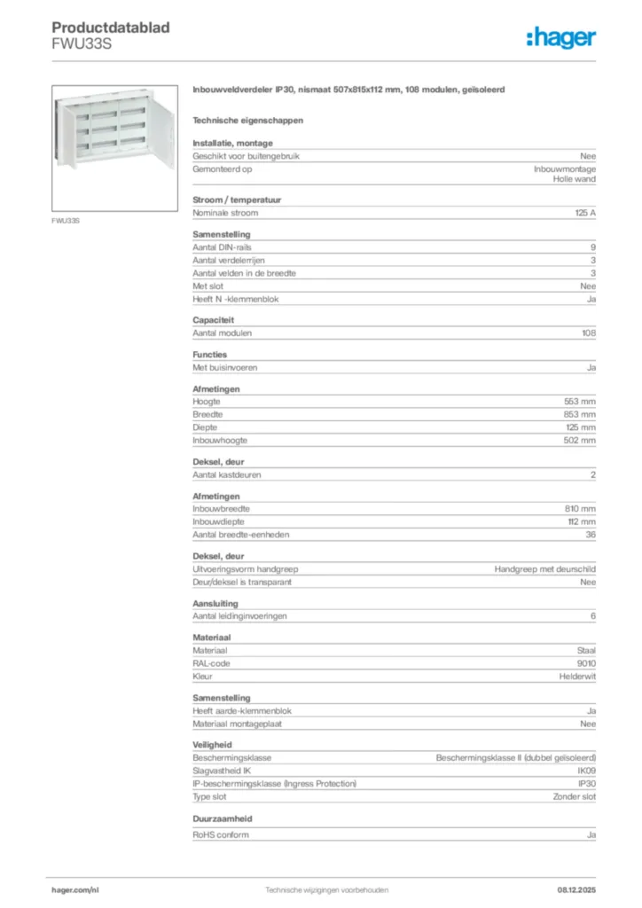 Afbeelding Hager Productdatablad FWU33S | Hager Nederland