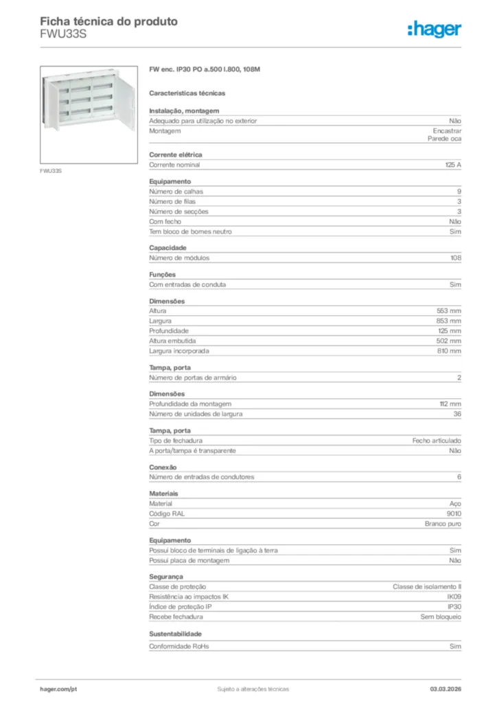 Imagem Hager Ficha técnica do produto FWU33S | Hager Portugal