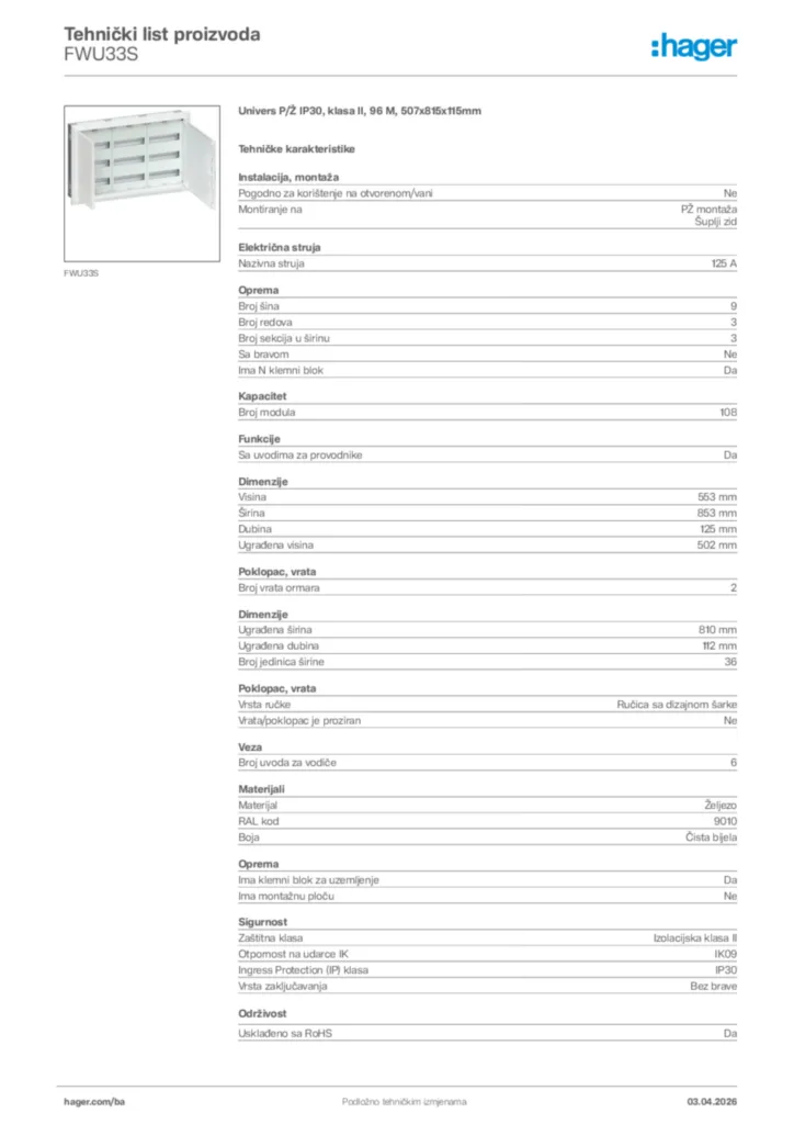 Slika Hager Tehnički list proizvoda FWU33S  | Hager