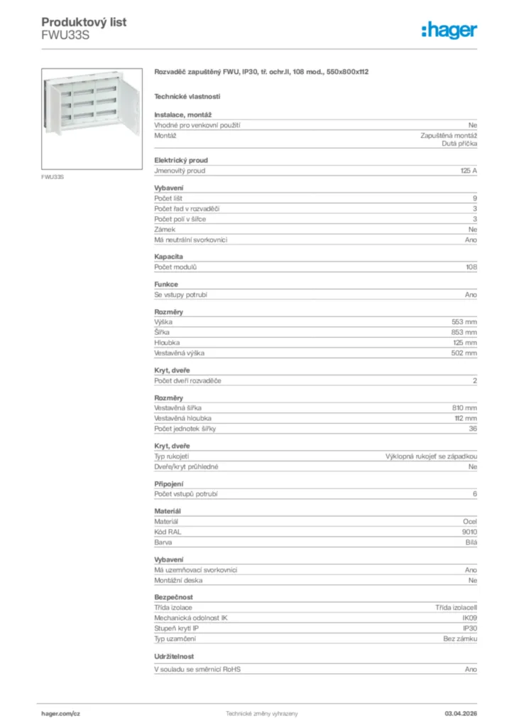 Obrázek Hager Product data sheet FWU33S | Hager