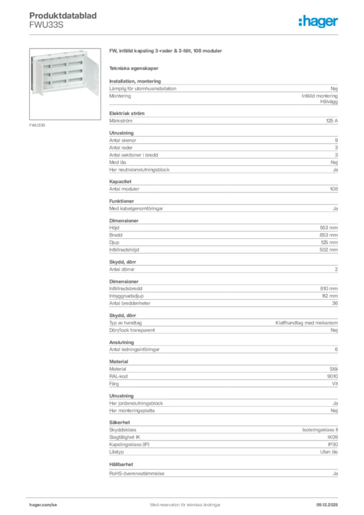 Bild Hager Produktdatablad FWU33S | Hager Sverige