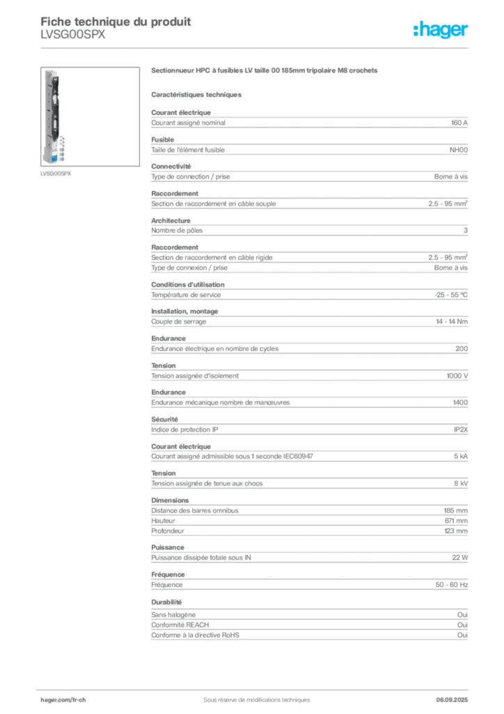 Image Hager Fiche technique du produit LVSG00SPX | Hager Suisse